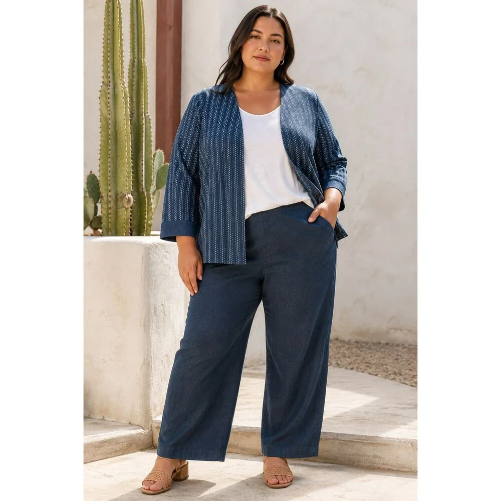 Purejill J.Jill size 3X Plus Blue Cream Cotton Jacket Pockets Lightweight Womens